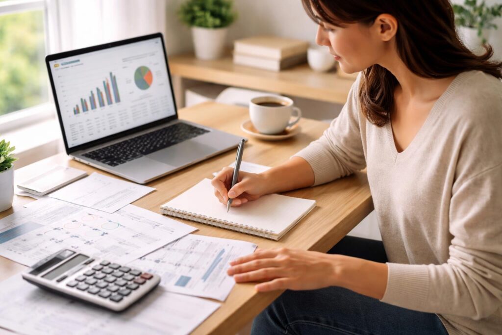 Person working at a desk with financial documents, calculator, and laptop, planning debt payoff strategies in a bright home office.