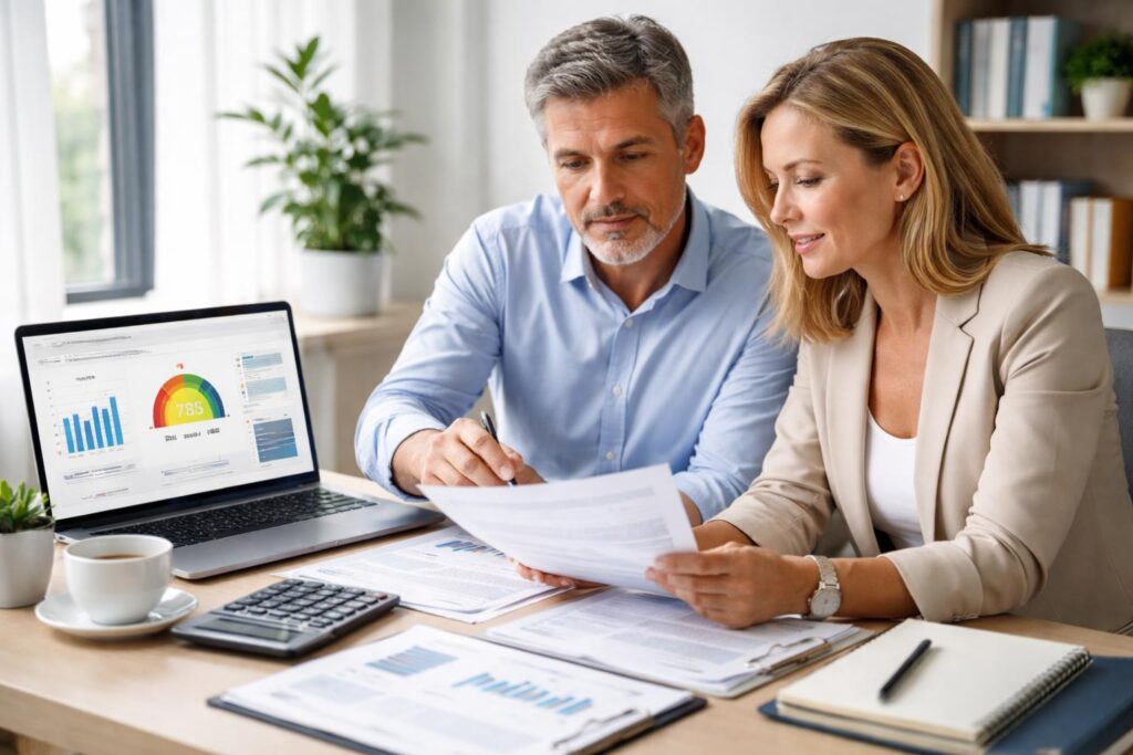 A man and woman sitting at a desk in an office, reviewing financial documents and a laptop with credit score graphs.