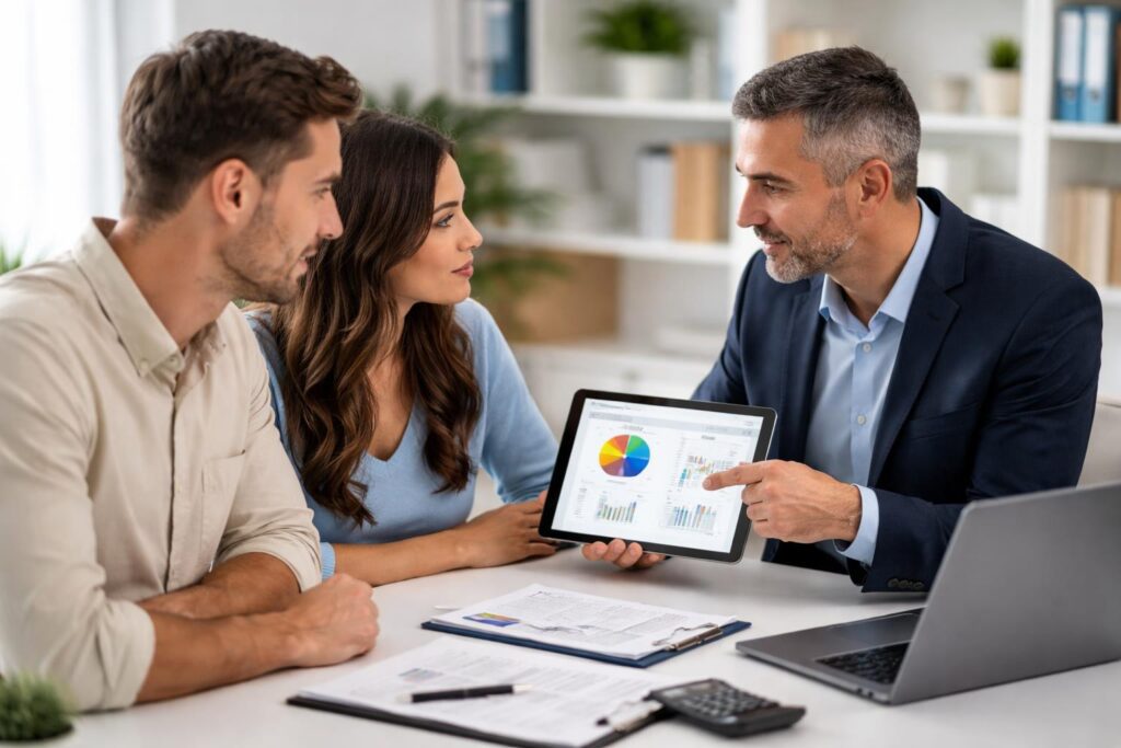 A financial advisor explains credit score information to a young couple in a bright office with charts on a tablet.