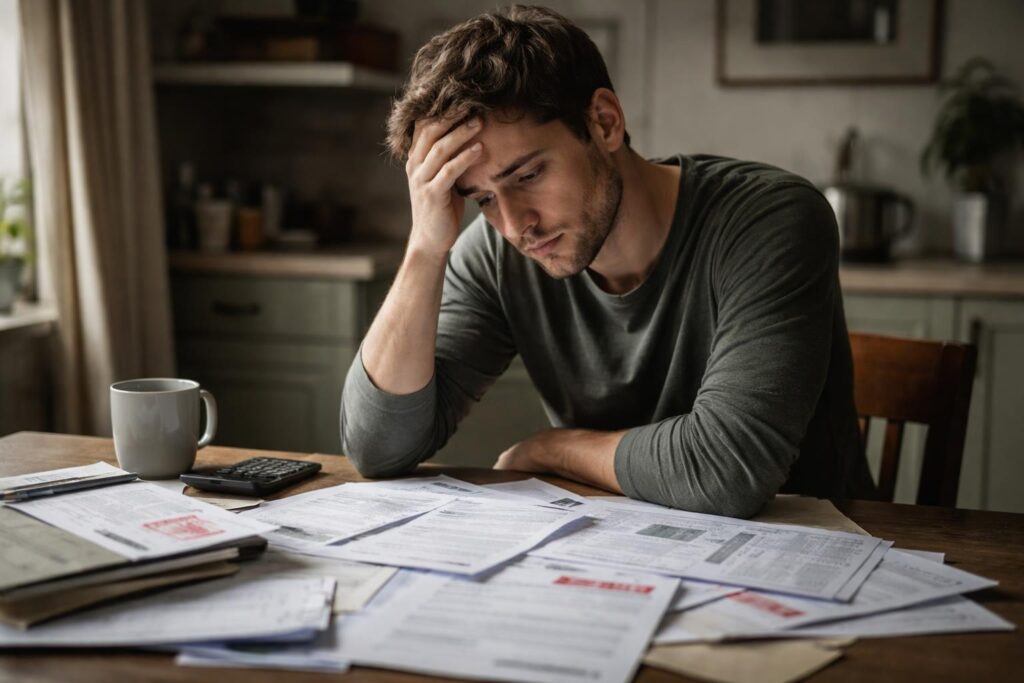 A young adult sitting alone at a kitchen table covered with bills, looking stressed and thoughtful.