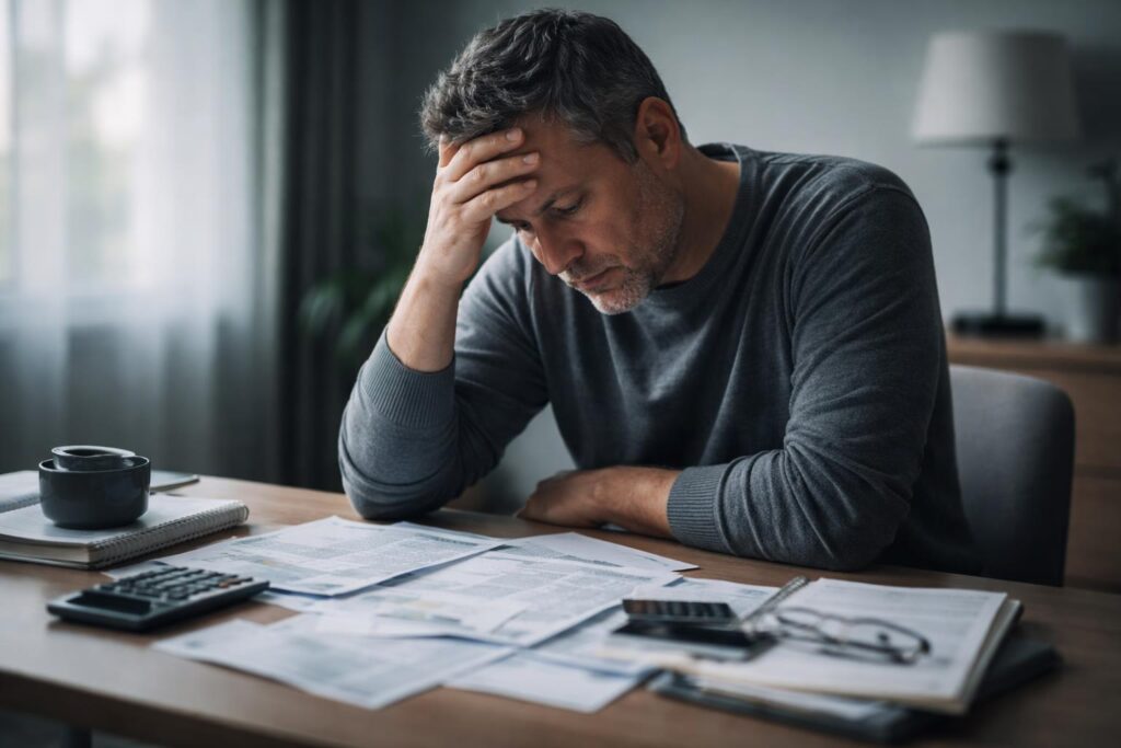 A person sitting alone at a desk looking distressed while surrounded by unpaid bills and credit card statements.