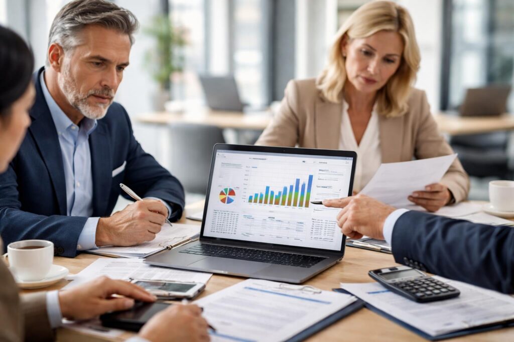 A group of professionals reviewing financial documents and charts around a conference table in an office.