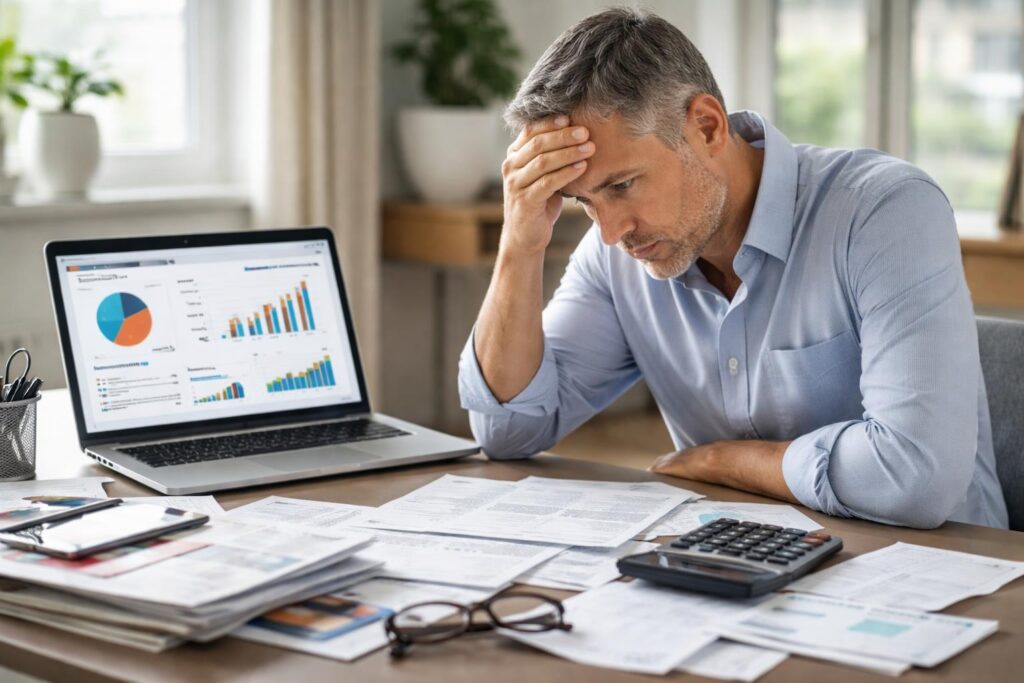 A stressed person sitting at a desk covered with bills and a laptop, looking worried while reviewing finances.