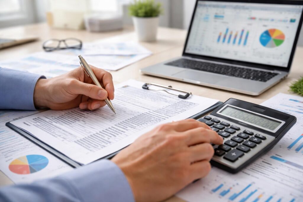Hands using a calculator and reviewing financial documents on a desk in an office.