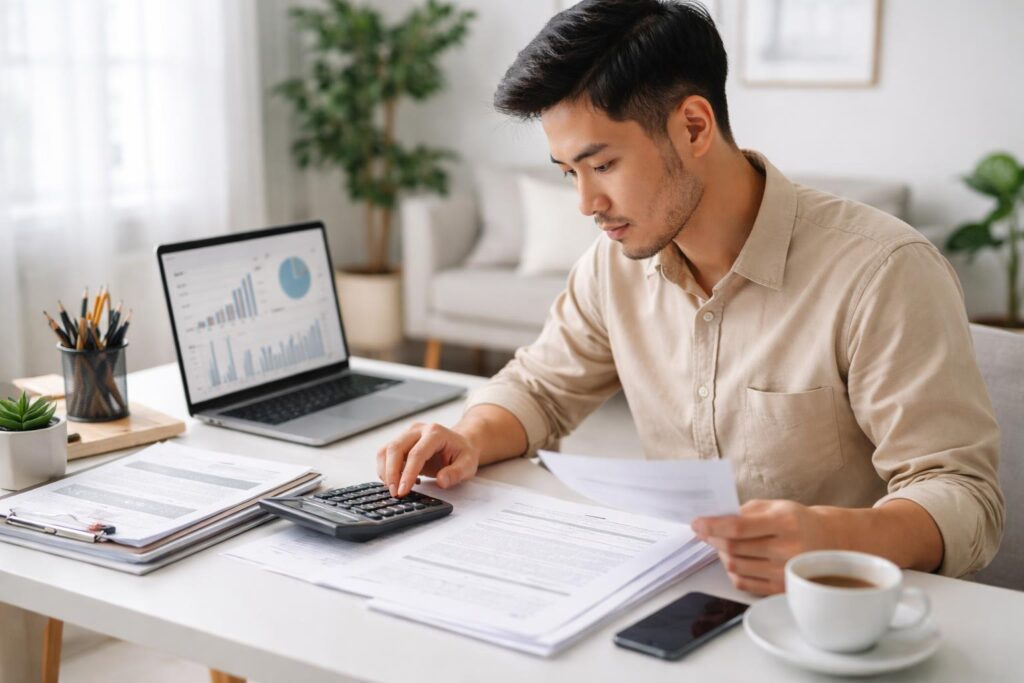 A young adult reviewing financial documents and using a calculator at a desk in a bright home office.