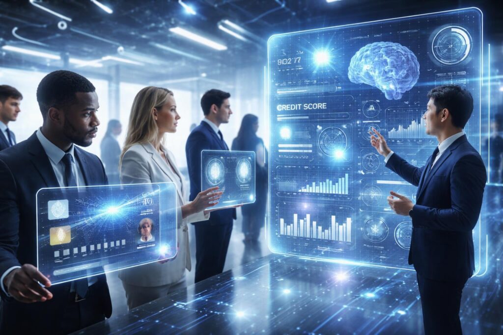 A group of professionals in a modern office interacting with futuristic digital credit card interfaces and data displays.