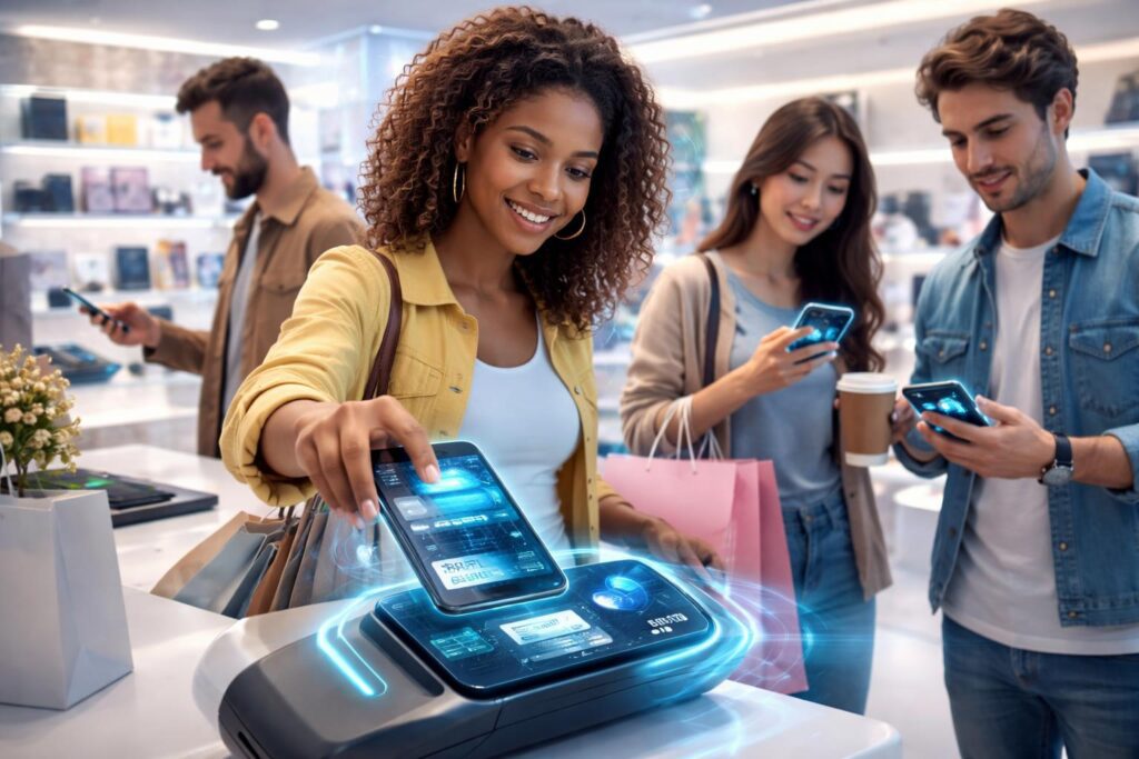 A group of young adults using smartphones and digital payment devices in a modern retail store, with holographic credit card interfaces visible.