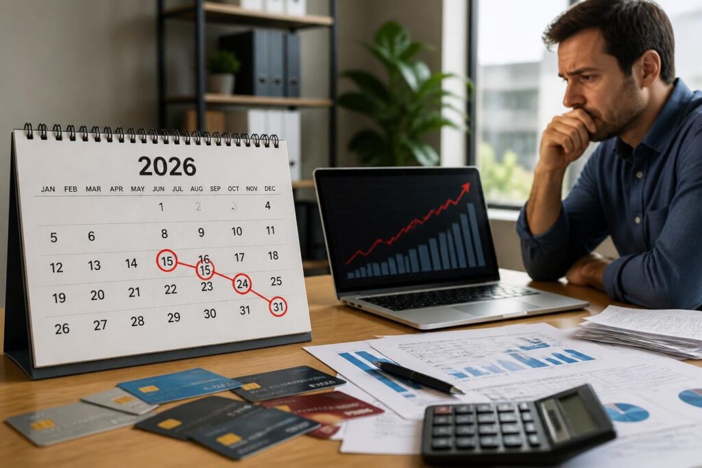 A person looking at financial documents and a laptop on a desk with a 2026 calendar and credit cards, illustrating financial consequences over time.