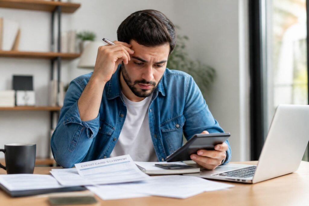A young adult reviewing bills and credit card statements at a desk, looking concerned.