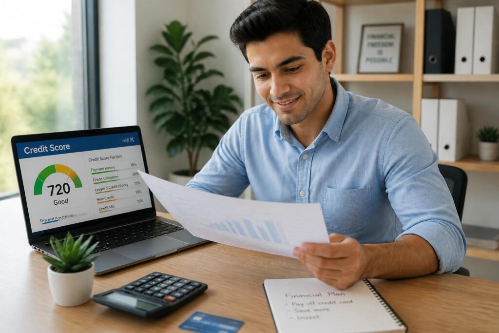 raising your credit score from 550 to 700 — person reviewing credit report on laptop