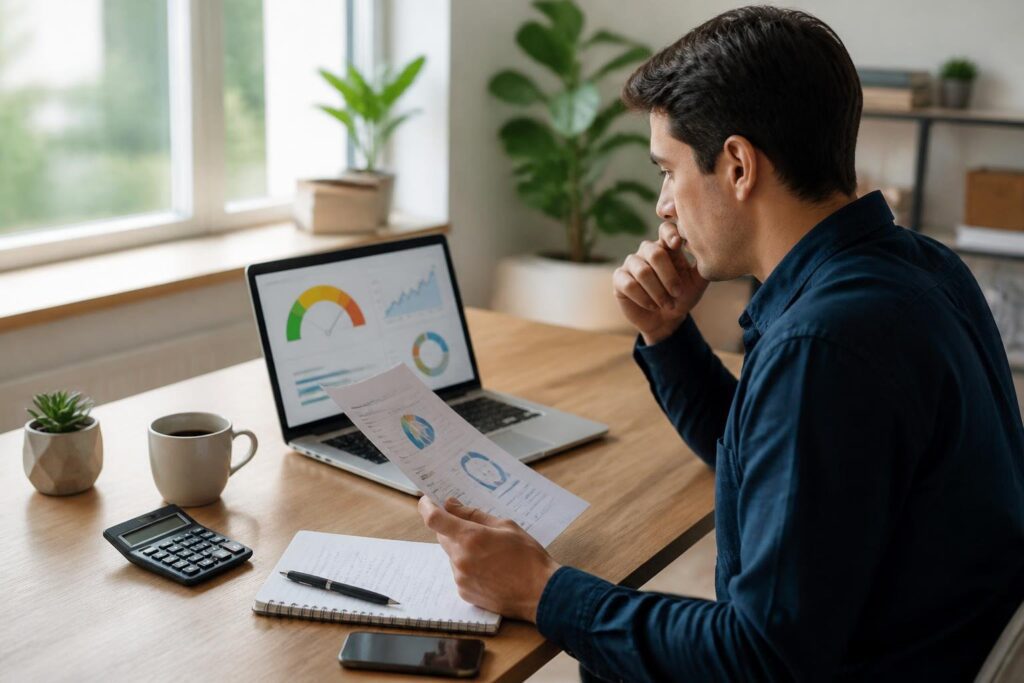 A young adult reviewing financial documents and charts at a desk in a home office.