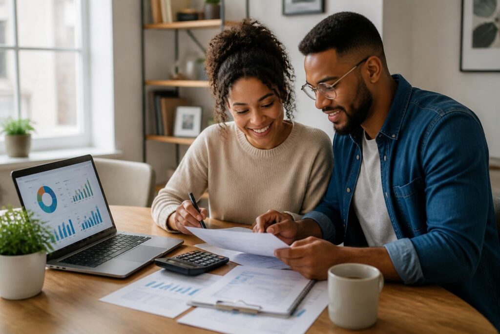A young adult couple working together at a desk with a laptop, documents, and a calculator, planning their finances in a bright home office.
