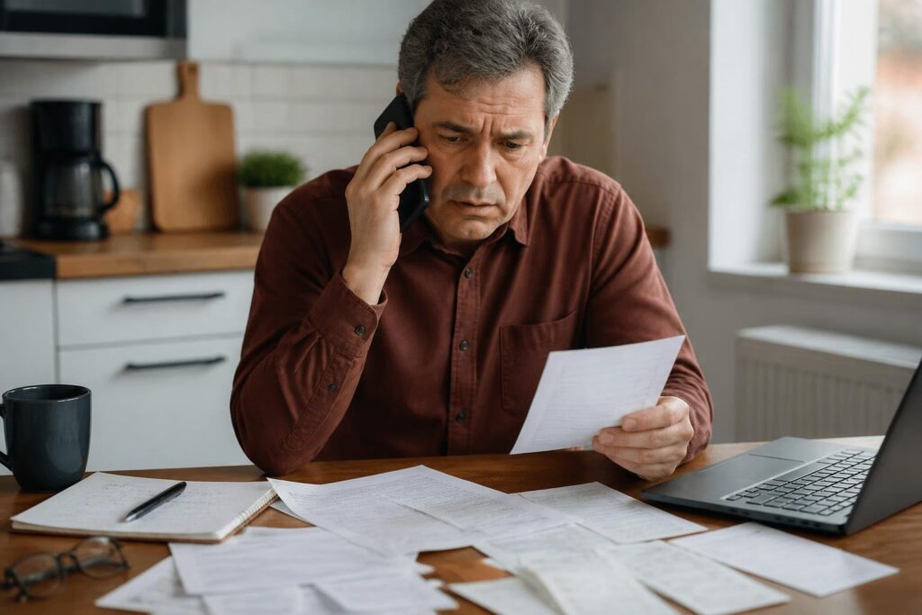 A worried person sitting at a kitchen table with bills and a smartphone, looking concerned.